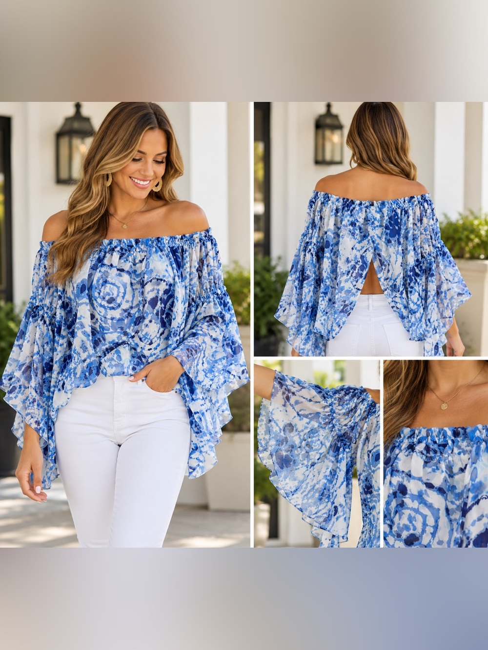 Chic Blue White Off-Shoulder Sheer Peasant Top w/ Flowy Batwing Sleeves